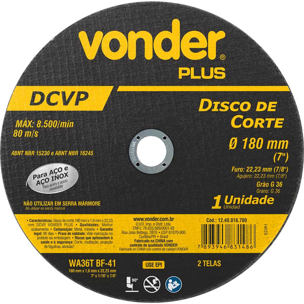 Disco de corte 180 mm x 1,6 mm x 22,23 mm DCVP, - Vonder