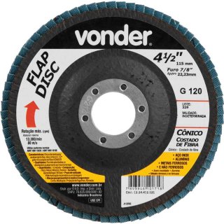 Flap-disc, disco de desbaste/acabamento, 4.1/2', c�nico, gr�o 120, VONDER