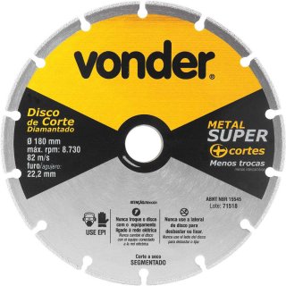 Disco de corte diamantado, segmentado, para metais, metal super, 180 mm, VONDER